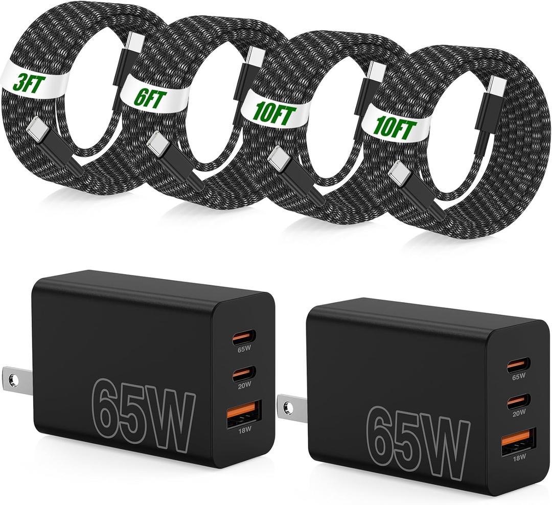 65W Super Fast Charger Type C for Samsung,3 Port 100W PD Quick Charging 3.0 USB C Block & 3/6/10/10FT Braided Type C Cord for Samsung Galaxy S26 Ultra/S26/S25 Ultra/S24/Android/iPhone 17/Laptop