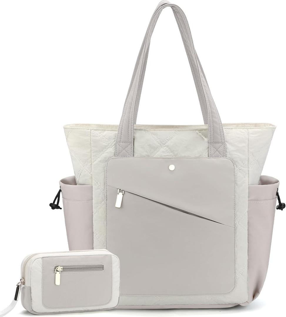EIMMBD Tote Bag for Women, Puffer Bag Work Bags with Zipper for Travel, Quilted Nurse Laptop Handbags (Beige)