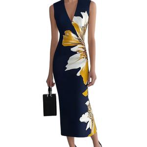 HVT Women's Dress Wedding Guest Party Dresses Floral Print Halter Neck Maxi Dress Sleeveless Bodycon Long Dresses (L)