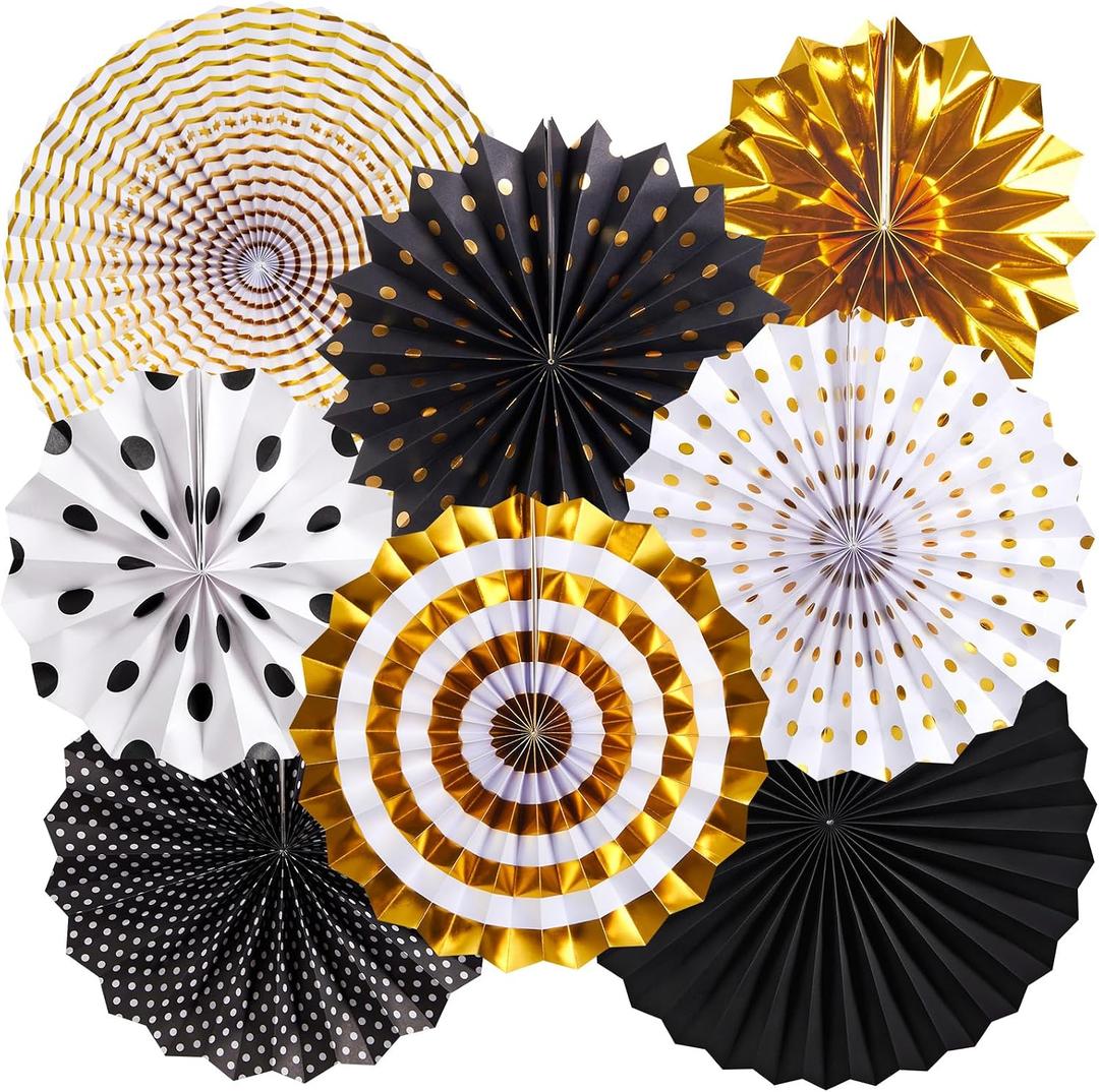 Black and Gold Decorations, Hanging Honeycomb Paper Pompoms Fan for Graduation Birthday Wedding Photo Backdrop Prom Night New Years Black and Gold Party Decorations, Set of 8