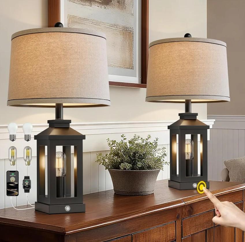 GSAFAVA 23.75" Retro Farmhouse Black Table Lamp for Living Room Bedroom Nightstand Set of 2 Touch Control Bedside Nightlight Vintage Modern Lamp with USB C+A Ports and 2 Light Sources