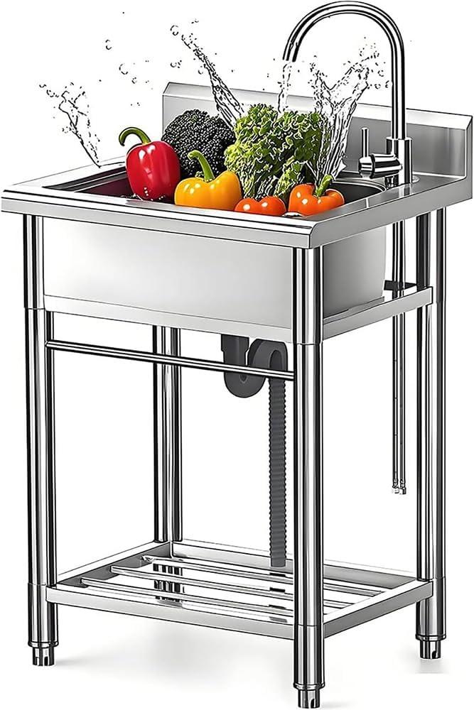 Stainless Steel Utility Sink with Faucet - Free Standing Outdoor Single Bowl Prep Sink for Commercial Kitchen, Laundry, Garage, Shop, Patio, Backyard & Industrial Use, 23-Inch