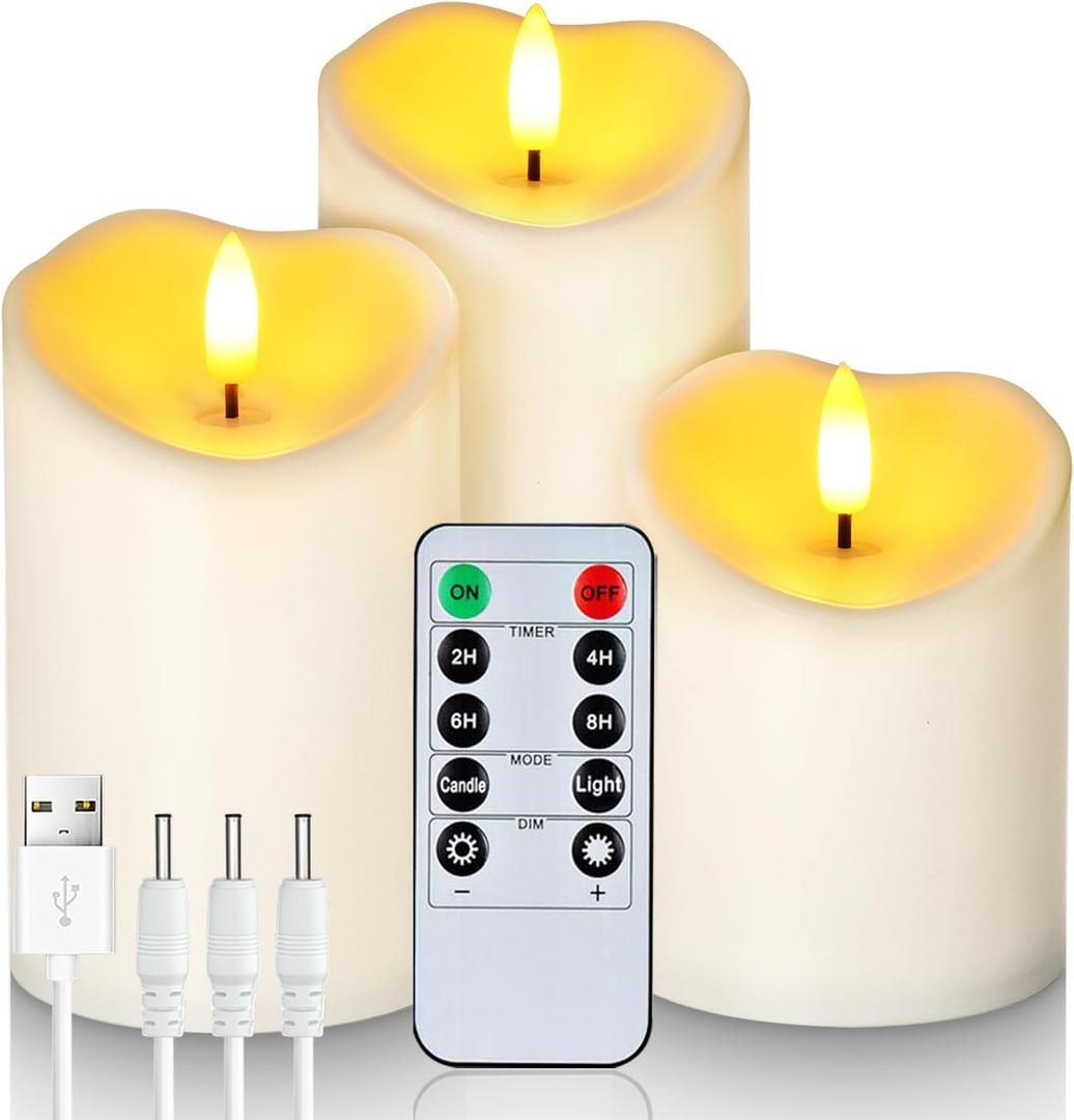 Homemory Rechargeable Flameless Candles, LED Candles, Battery Operated Candles with Remote and Timers, Outdoor Waterproof, Long Lasting, Set of 3 (D3"H4"5"6", Ivory White)