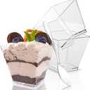 50 Pack 3.5 oz Square Dessert Cups with Spoons, Mini Plastic Parfait Appetizer Cups, Clear Reusable Small Shooter Cups, Serving Bowls for Tasting Party Samples Dessert Shot Glasses