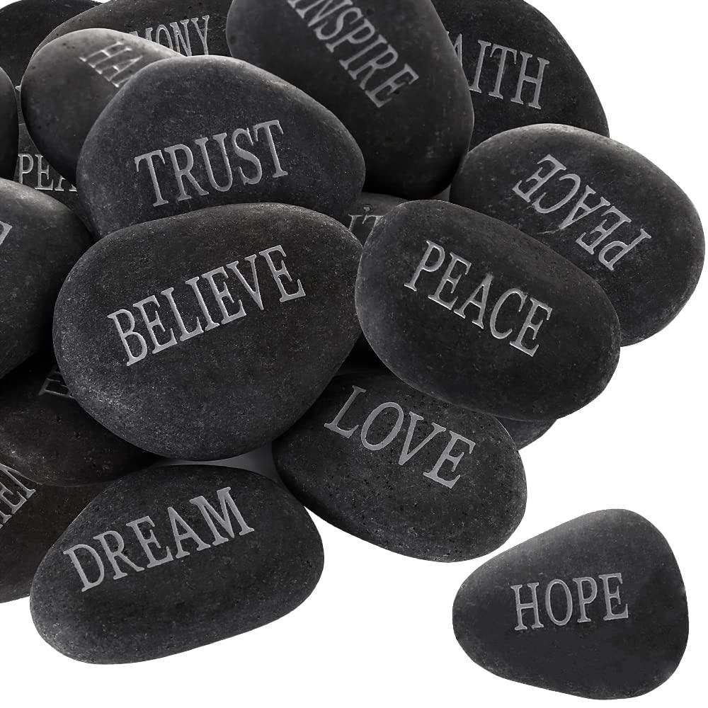 12PCS DIY Rocks for Engraved Inspirational Polished Garden Stones, Natural Encouragement Personalized Healing Decor River Stone - Unique Gift for Friends Arts Crafts (12 Different Words) (Black) (Large)
