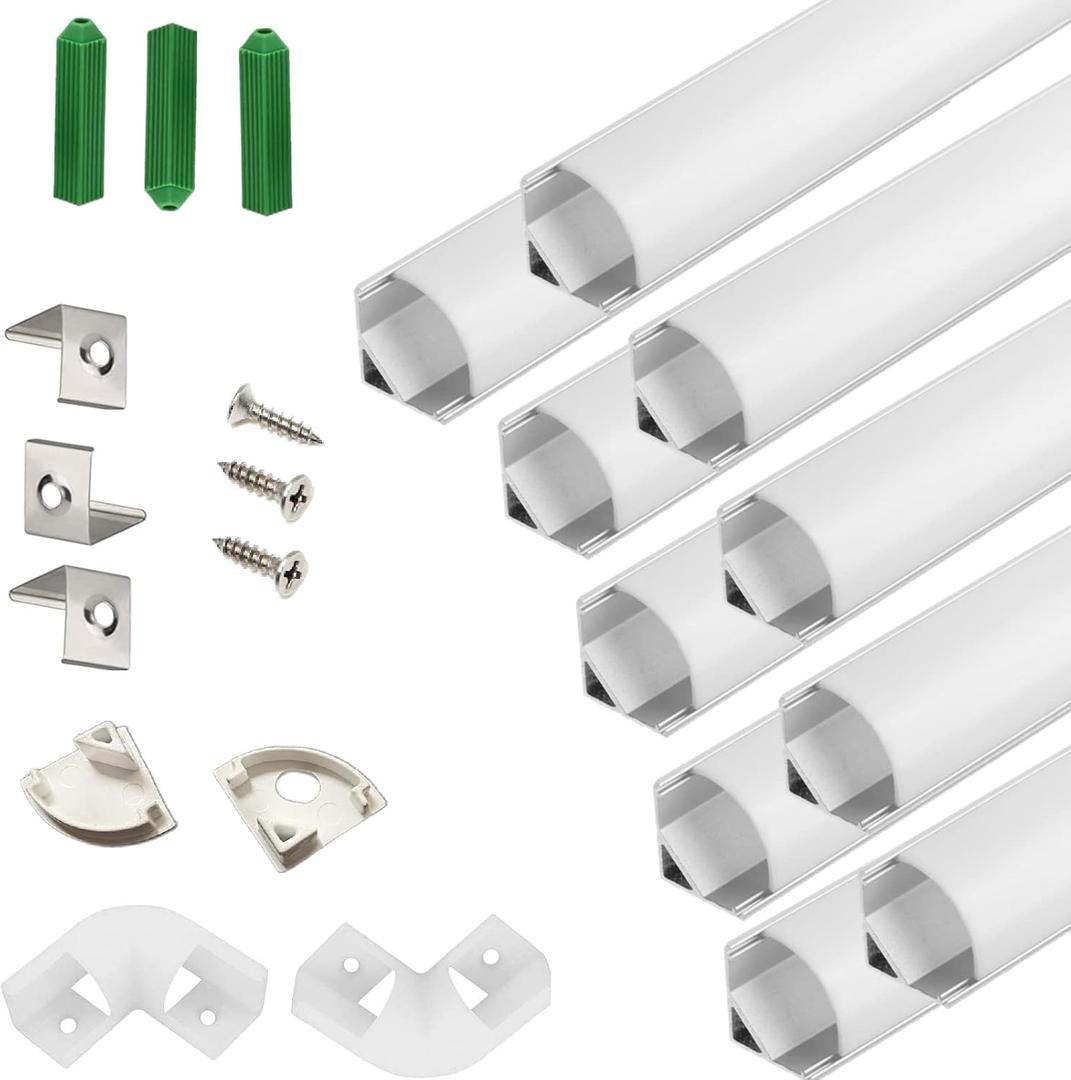 THMOOTHER UV Resistance 3.28FT V Shape LED Strip Channel Diffuser,10-Pack Aluminum Profile with Frosted Cover and Corner Connector,Tape Mounting Track for Cabinet Stairs Wall Outdoor (3.28FT, 10)