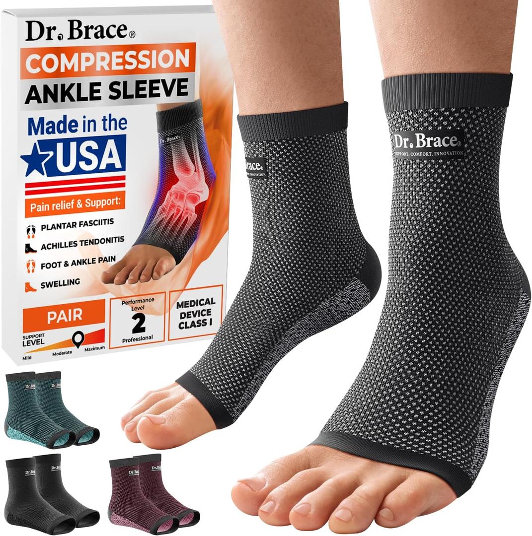 Made in USA Dr. Brace Elite Ankle Brace Compression Sleeve- 20-30 mmHg Plantar Fasciitis Socks and Achilles Tendonitis & Swelling Relief, Foot Brace with Arch Support, Ankle Support for Women & Men (Pair) (Medium, Moon)