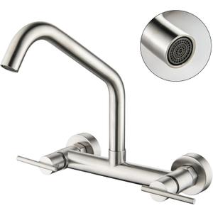 SUBEIXI Wall Mount Kitchen Faucets 360° Swivel Spout 8 Inch Center Wall Mounted Kitchen Sink Faucet with Utility Sink Faucet 2 Handle Commercial Kitchen Faucet, Brushed Nickel
