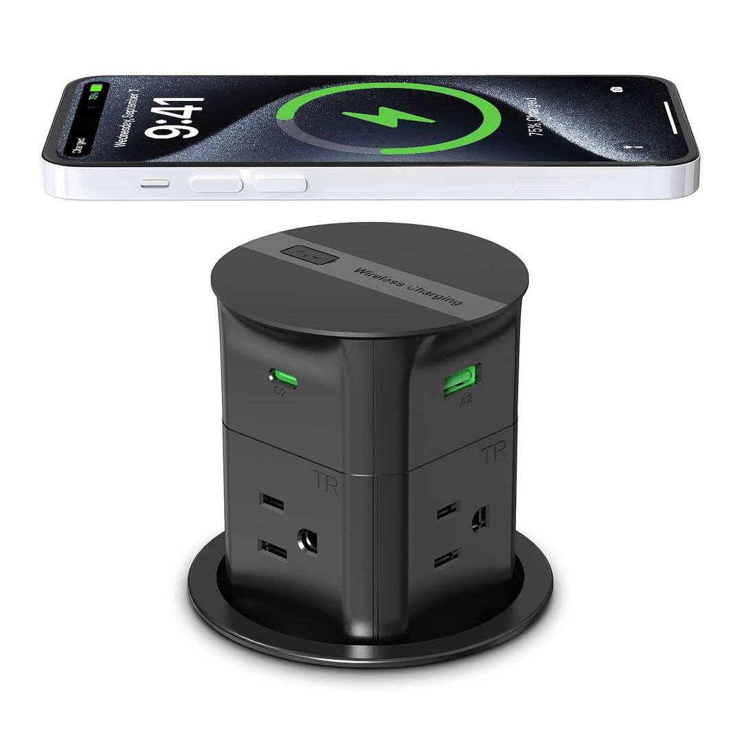 ANNQUAN 3.15" Pop Up Countertop Outlet Wireless Charger 65W USB 800J Black | ETL Listed Max 65W Power Delivery Pop Up Electrical Outlet with 4 Outlets 4 USB Ports for Home Office