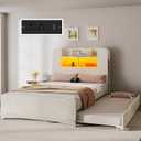 YITAHOME Bed with Trundle, Twin Size Bed Frame with Bookcase Daybed Storage Headboard and Charging Station, RGB LED Lights Bed with Wooden Support for Bedroom, No Box Spring Needed, Noise Free, White