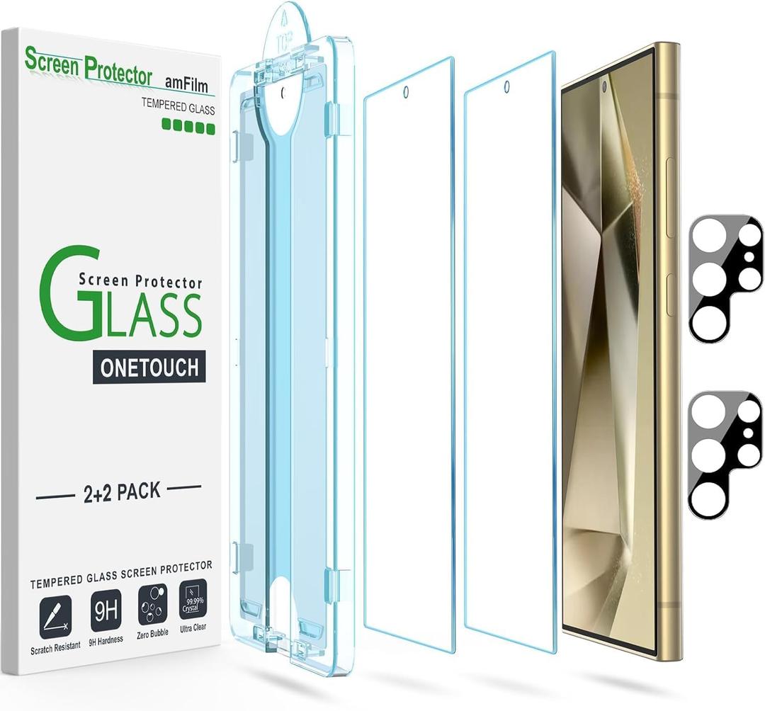 amFilm Auto-Alignment OneTouch for Samsung Galaxy S24 Ultra 6.8'' Screen Protector + Camera Lens Protector, Tempered Glass, 30 seconds Installation, Bubble Free, Anti-Scratch [2+2 Pack] (S24U-6.8")