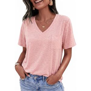 Womens V Neck Tshirts Short Sleeve Loose Casual Summer Tops with Pokcet (Pink)