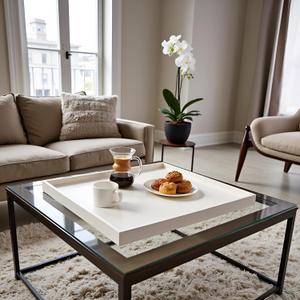 30 x 30 inches Luxury Leather Square Oversized Service Tray, Ottoman & Coffee Tray for Family Dinner, Out-of-House Picnic & Party (30 inch Beige)