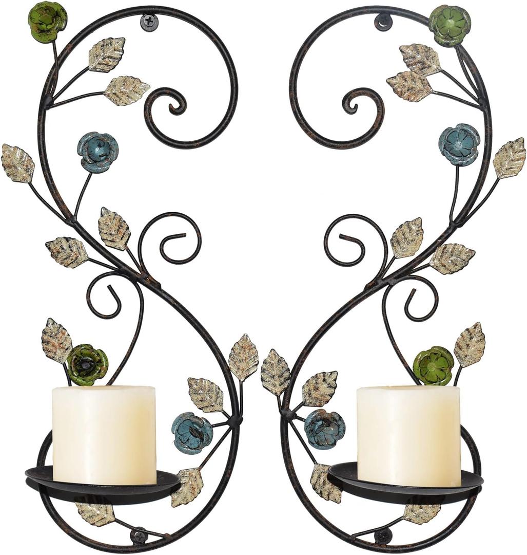 Wall Sconces Candle Holder Set of 2, Antique Multi-Color Leaf Branch Wall Mount Hanging Metal Wall Candle Holder Candle Sconce for Living Room Dining Room