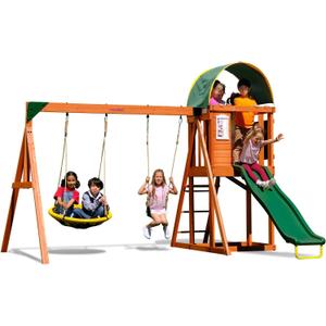 Sportspower Amelia Heavy Duty Wooden A-Frame Swing Set: Saucer + Adjustable Swing, 6ft Blow Molded Slide, Play Fort/Rock Climb Wall + Sandbox, EXCEEDS ASTM Safety Standards*Bonus Anchor Kit*