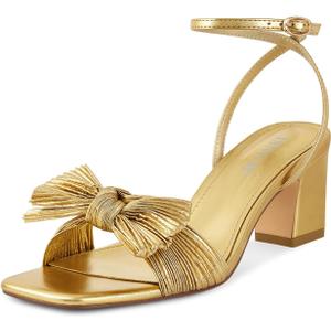 ISNOM Women's Bow Knot Heeled Sandals Ankle Buckle Strap Open Toe Block Chunky Heels Bride Wedding Party Fashion Heel (8, Gold)