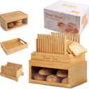 3-in-1 Bread Slicer set for Homemade Bread with Storage Box and Bread Serving Tray for Homemade Bread - Upgrade Bamboo Wooden Bread Slicer Kit - Adjustable Width, Crumb Tray, Cloth Bags