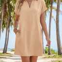 Wenrine Women Swimsuit Coverup Shirt Dress Collared V Neck Short Sleeve Bathing Suit Cover Up Summer Beach Vacation Outfits (Beige)