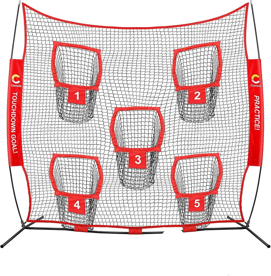 Football Throwing Net, Quarterback Training Equipment w/ 5 Target Pockets, Football Practice Training Target Net to Improve QB Throwing Accuracy, Red (Net Only)