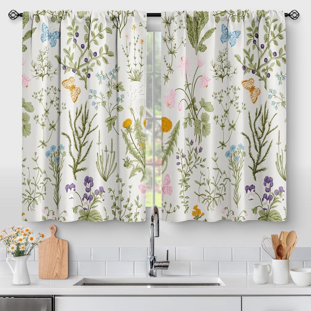 Aimego Flowers Floral Kitchen Curtains - Leaves Spring Botanical Small Short Tier Cafe Window Curtains for Bathroom Living RV Room Rod Pocket Window Drapes 36 Inch Length 2 Panels Set 28"x36"