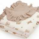 meowcards Muslin Swaddle Ruffled Blankets for Baby, Unisex Baby Boys Girls Essentials, Large 52 x 52 inches, Boho Receiving Blankets Newborn Registry Must Haves (Teddy & Friends-Ruffled, Printed)