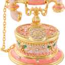 QIFU Hand Painted Pink Telephone Style Enameled Jewelry Trinket Box with Hinged Unique Gift for Home Decor