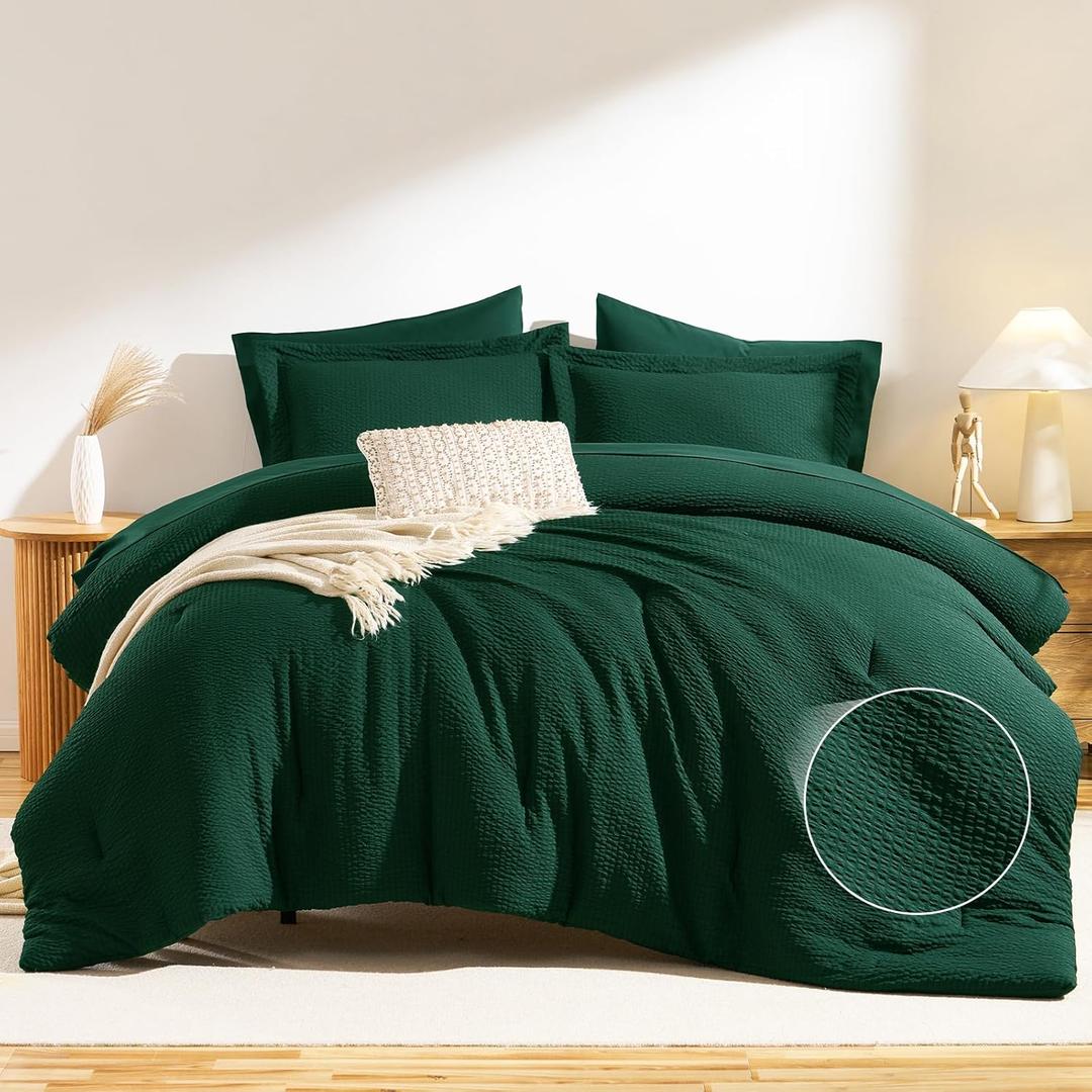 CozyLux King Size Comforter Set Emerald Green - 7 Pieces Striped Seersucker Bed in a Bag, Soft Lightweight Boho Bedding Set with All Season Comforters King Size, Sheets, Pillowcases & Shams