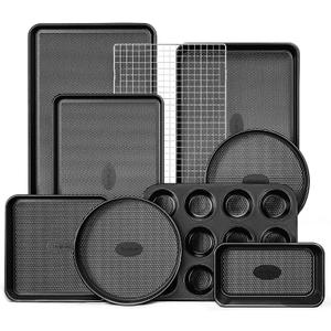HONGBAKE 9-Piece Baking Pans Set Nonstick, Stackable Non Toxic Bakeware Sets with Diamond Texture, Oven Pan Set for Cooking, Includes Cookie Sheet with Rack, Cake Pan, Roasting Pan, Muffin Tin, Gray