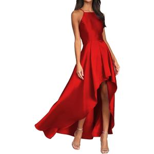 Women's Sleeveless Formal Long Prom Dress Wedding Guest Maxi Dress Asymmetrical Hem Satin Evening Gown (Red) M