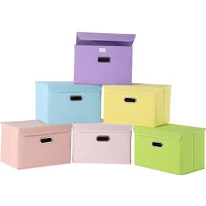 STOREONE Fabric Storage Cube Bins Foldable Organizer Container Collapsible Basket With Lids and Metal Handles, for Home, Bedroom, Closet 6 Pcs (Multicolour)