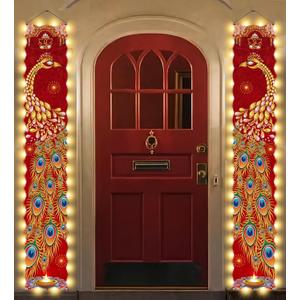 LED Diwali Porch Banner Diwali Decorations for Home, Light Up Peacock Wall Hanging Banner Decor Deepavali Festival of Lights Indian Ganesh Puja Decorations for Outdoor Indoor 71x12"