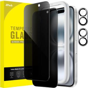 JETech Privacy Screen Protector for iPhone 16 6.1-Inch with Camera Lens Protector, Anti-Spy Tempered Glass Film, Easy Installation Tool, 2-Pack Each