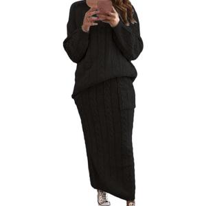 CHARTOU Women's Winter Chunky Cable Knit Long Skirt 2 Piece Outfit Sweater Sets (Large, Black)