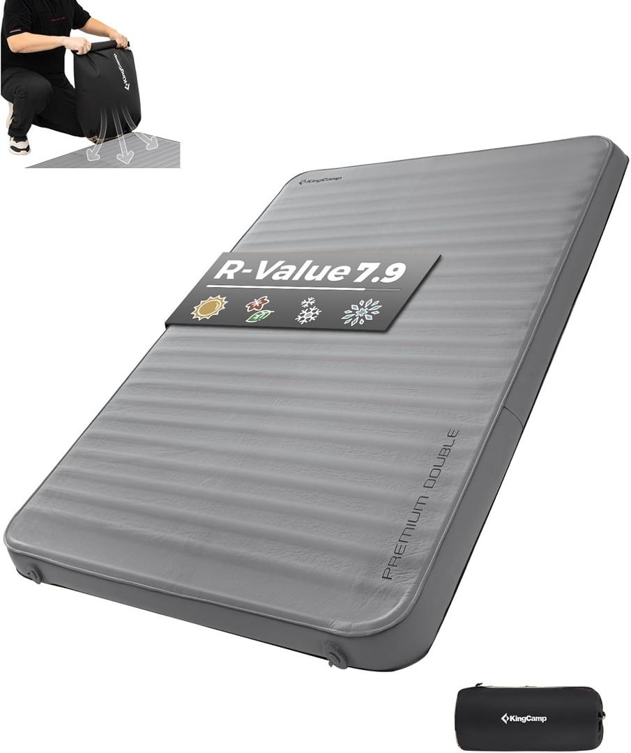 KingCamp Self Inflating Sleeping Pad, R 7.9 Air & Foam Camping Mattress 2 Person, 3" Thick Full Size Double Sleeping Pad with Pump Sack for Camp Tent Outdoor Car, PVC Free (Grey)