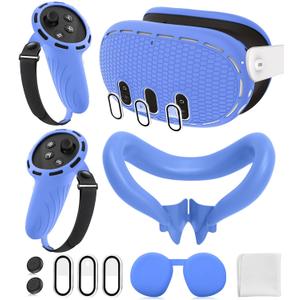 Silicone Cover Set Compatible with Meta/Oculus Quest 3 Accessories, Controller Grips, VR Shell Cover, Facial Interface Cover, Protective Lens Cover, Tempered Glass Lens Caps, Not Fit Quest 3S (Blue)