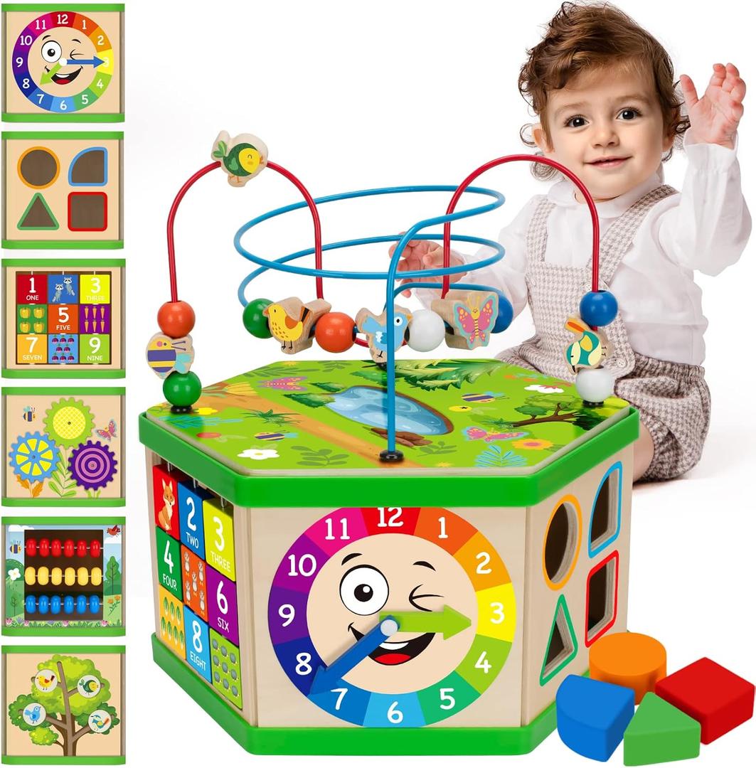 Wooden Activity Cube for 1 Year old, 12-18 Month Boys & Girls, 7-in-1 STEM Montessori Early Developmental Learning Toys for Kids Aged 1-2, Ideal 1st Birthday Gift Toys for Baby, Toddlers (Green)