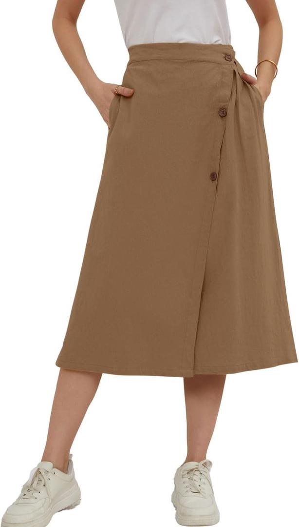 CHARTOU Women's Summer Linen Elastic Back Buttoned Swing Midi A Line Skirt (Brown, M)
