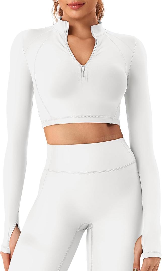 YEOREO Women Zip Up Long Sleeve Workout Crop Top Mock Neck Yoga Shirt (Small, White)