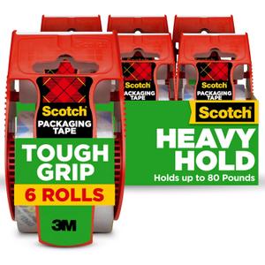 Scotch Tough Grip Moving Packing Tape, Clear, Moving Tape that Secures Boxes up to 80 Pounds, 1.88 in. x 22.2 yd., 6 Tape Rolls with Dispensers