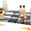 3 Tier Wide Expandable Cabinet Spice Rack Organizer (14.5" to 29.1") - Step Shelf with Protection Railing, Black