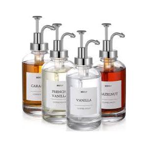 Coffee Bar Accessories,MHDCLY Coffee Syrup Dispenser - 4pack,16.9oz Syrup Dispenser with Labels ，Syrup Pump Dispenser for Coffee Bar(Silver pump)