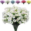 6 Bundles Artificial Morning Glory Fake Boxwood Shrubs UV Resistant No Fade Faux Greenery Plastic Petunia for Home Garden Hanging Planter Indoor Outdoor Porch Patio Wedding Decoration(White)