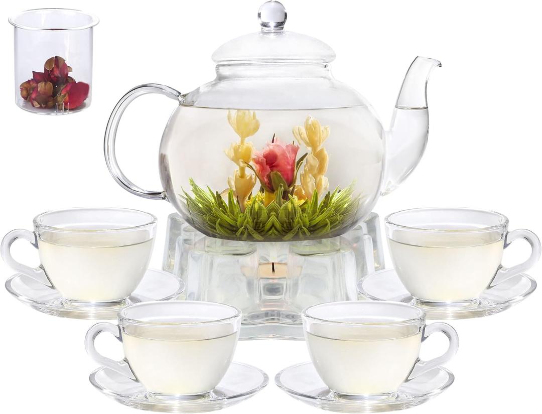 Glass Teapot Set, 40OZ/1200ml Stovetop Safe Glass Tea Kettle with Removable Infuser & Tea Warmer, Tea Cups and Saucers Set of 4, Blooming Tea & Loose Leaf Tea Maker Set for Women (40OZ & 4 * 7OZ Cups & Saucers)
