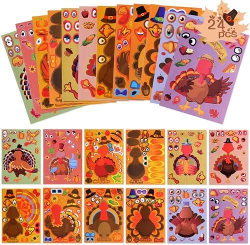 3 Pack Thanksgiving Stickers for Kids - 24PCS Make a Turkey Face Stickers, Turkey Games, Fall Party Supplies, Favors, Kids Crafts, Gifts for Toddlers Boys Girl