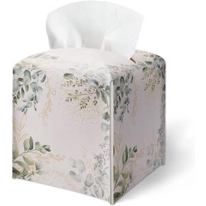 Tissue Box Cover, Watercolor Greenery Prints Tissue Box Cover Square-Waterproof Leather, Desktop Decor for Living Room Office, Aesthetic Home Decor, Gift for Women & Friend, 5 x 5 Inches-A07