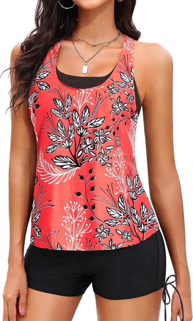 Yonique 3 Piece Womens Tankini Swimsuits with Shorts Athletic Bathing Suits Tank Tops with Bra and Boyshorts (Red, S)