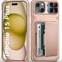 for iPhone 15 Plus & iPhone 14 Plus Wallet Case, Built-in Card Holder(4-5 Cards), Slide Camera Cover, Military Grade & RFID Protection, Rugged Phone Case for iPhone 15 Plus/14 Plus, Rose Gold