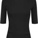 v28 Women Turtleneck 1/2 Half Sleeve Highly Stretchy Ribbed Knit Fitted Sweater (Black, M)