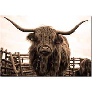 Nachic Wall Animal Canvas Wall Art Sepia Highland Cow Pictures Prints Longhorn Cattle Wall Painting Art Poster Vintage Artwork Living Room Farmhouse Wall Decoration 24x36