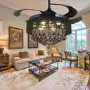 MORE CHANGE 42'' Crystal Ceiling Fan with Light and Remote Control Modern Black Retractable Ceiling Fan Chandelier 3 Color Changes 3 Speeds Indoor Fandalier, Silent Motor with LED Light Kits Included